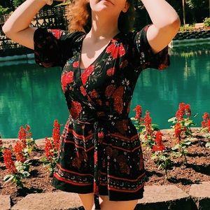 Open Back Black and Red Floral Romper